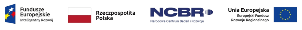 Logotypy: Fundusze Europejskie Inteligentny Rozwój, Rzeczpospolita Polska, Narodowe Centrum Badań i Rozwoju (NCBR), Unia Europejska – Europejski Fundusz Rozwoju Regionalnego